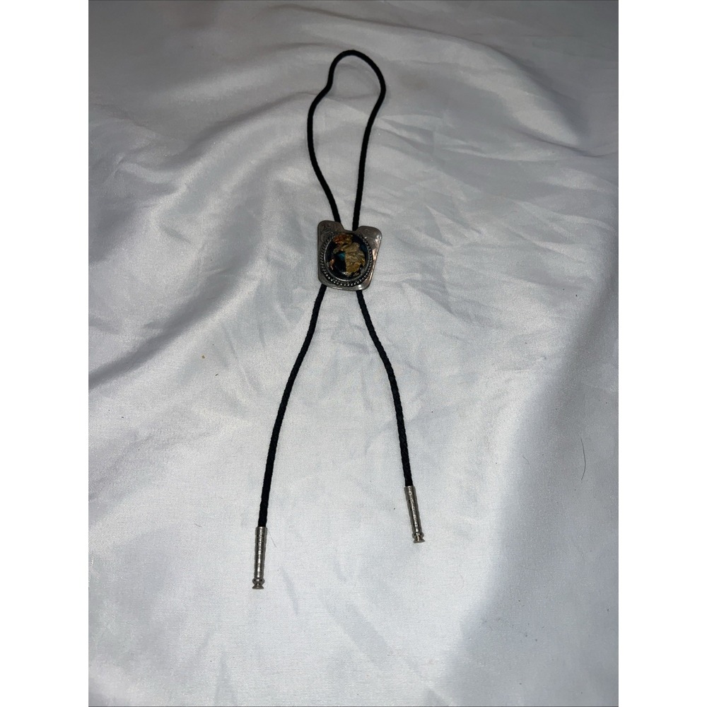 Vintage Southwestern style Bolo Tie Inlay Silver Tone Multicolored Unique
